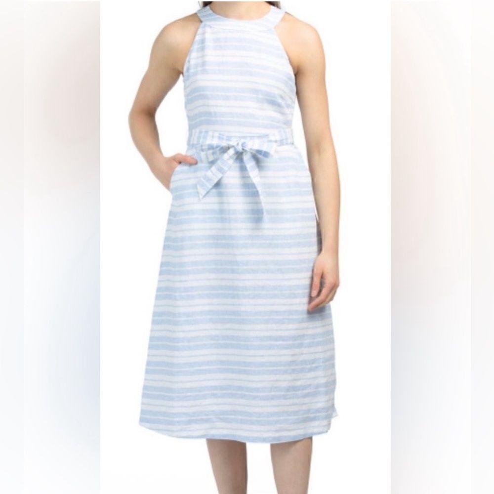 Sigrid Olsen Linen Dress Size 4 Blue White Striped Halter Midi Summer